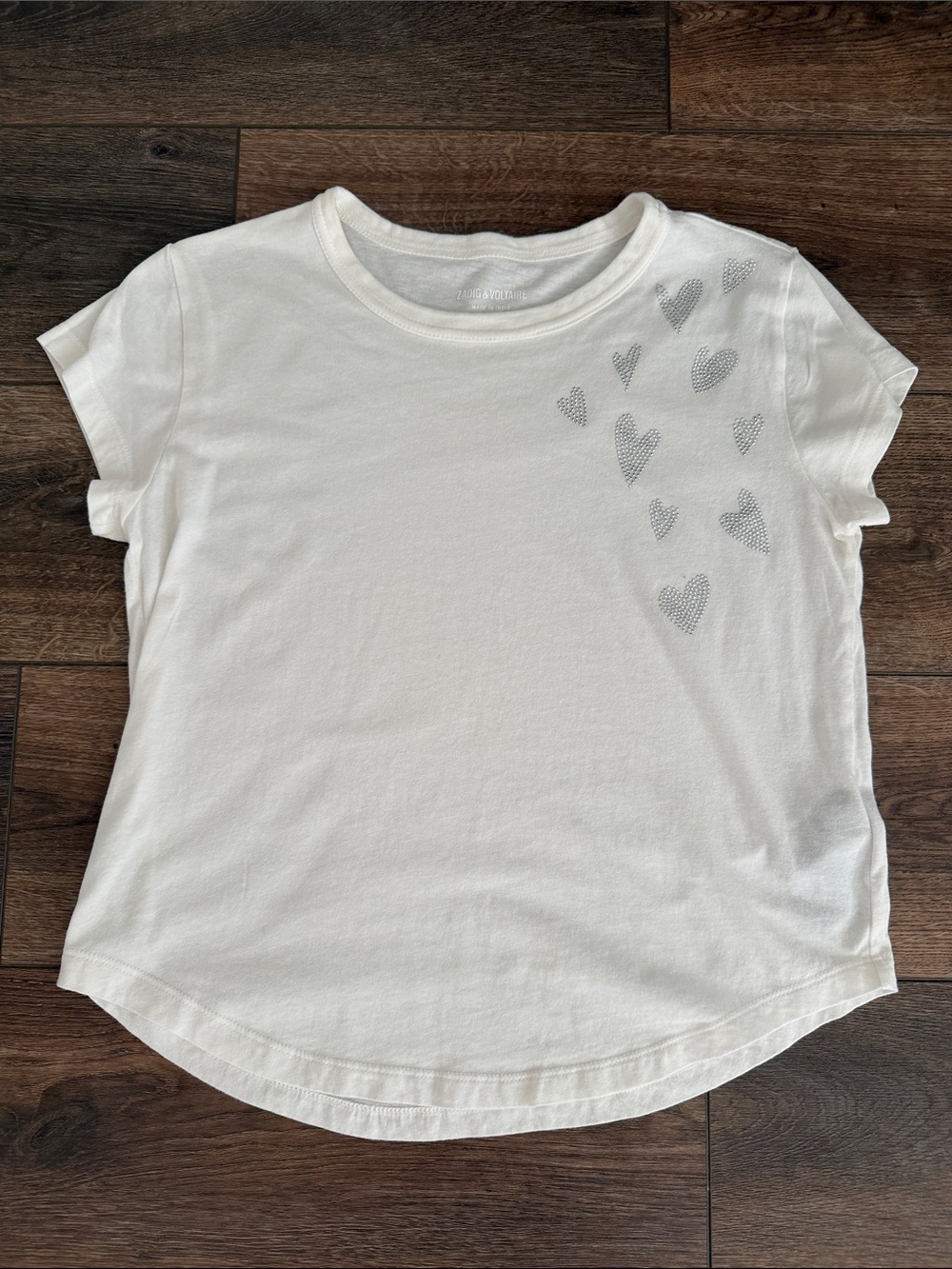 Zadig & Voltaire White Short Sleeve Tee with Rhinestone Hearts